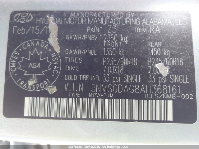 12676555 :رقم المزاد ، 5NMSGDAG8AH368161 vin ، 2010 Hyundai Santa Fe Gls مزاد بيع