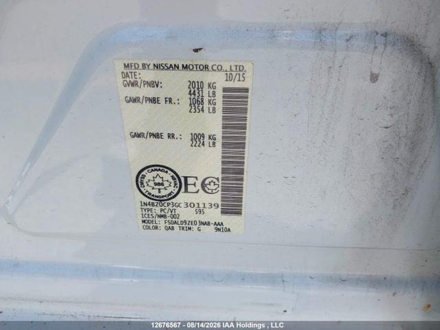 Aukcja sprzedaży 2016 Nissan Leaf S/sl/sv, vin: 1N4BZ0CP3GC301139, numer aukcji: 12676567