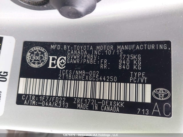 Aukcja sprzedaży 2016 Toyota Corolla S, vin: 2T1BURHEXGC544250, numer aukcji: 12676576