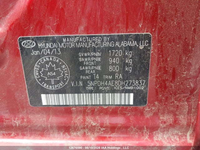 12676590 :رقم المزاد ، 5NPDH4AE8DH273837 vin ، 2013 Hyundai Elantra Gls مزاد بيع