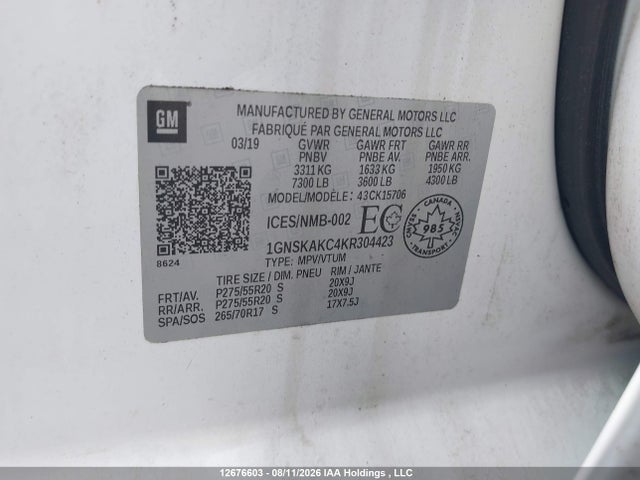 2019 Chevrolet Tahoe K1500 Ls მანქანა იყიდება აუქციონზე, vin: 1GNSKAKC4KR304423, აუქციონის ნომერი: 12676603