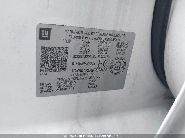 2019 Chevrolet Tahoe K1500 Ls მანქანა იყიდება აუქციონზე, vin: 1GNSKAKC4KR304423, აუქციონის ნომერი: 12676603