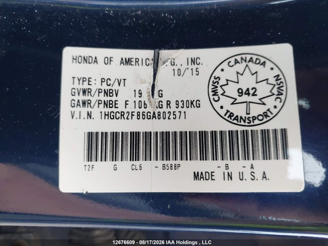 Aukcja sprzedaży 2016 Honda Accord Ex-l, vin: 1HGCR2F86GA802571, numer aukcji: 12676609