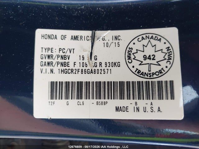 Aukcja sprzedaży 2016 Honda Accord Ex-l, vin: 1HGCR2F86GA802571, numer aukcji: 12676609