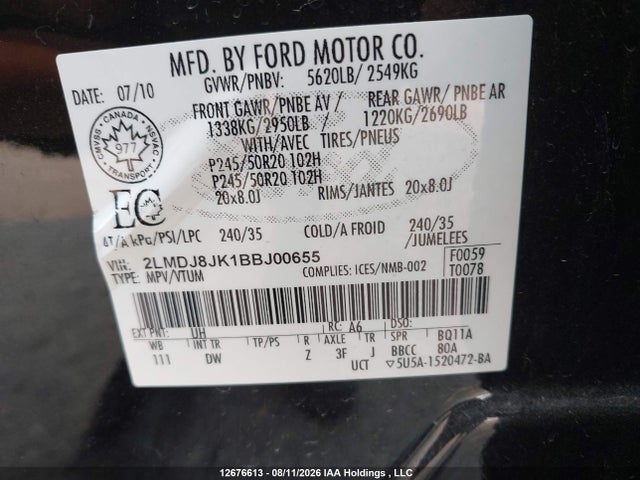 12676613 :رقم المزاد ، 2LMDJ8JK1BBJ00655 vin ، 2011 Lincoln Mkx مزاد بيع