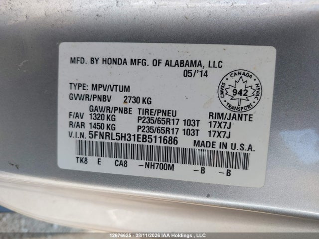5FNRL5H31EB511686 Honda ODYSSEY SE