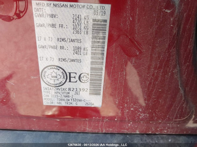 5N1AT2MV1KC821392 Nissan Rogue S/sl/sv