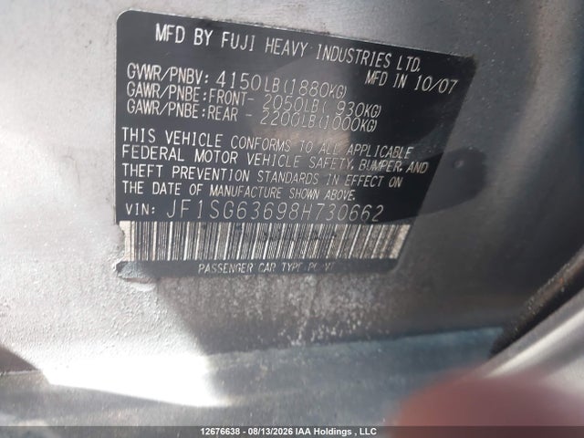 2008 Subaru Forester X მანქანა იყიდება აუქციონზე, vin: JF1SG63698H730662, აუქციონის ნომერი: 12676638