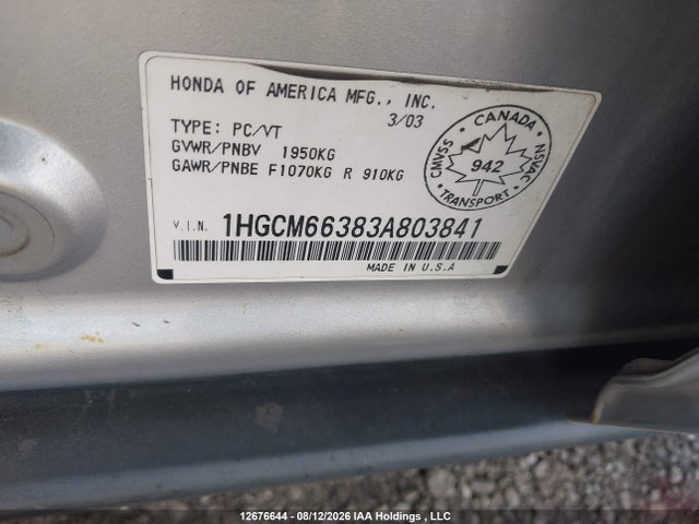 Продаж на аукціоні авто 2003 Honda Accord Lx-v6, vin: 1HGCM66383A803841, номер лоту: 12676644