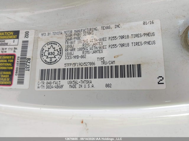 12676655 :رقم المزاد ، 5TFPY5F19GX527086 vin ، 2016 Toyota Tundra Sr 5.7l V8 مزاد بيع