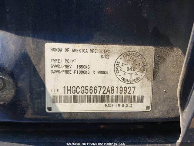 2002 Honda Accord Sdn მანქანა იყიდება აუქციონზე, vin: 1HGCG56672A819927, აუქციონის ნომერი: 12676668