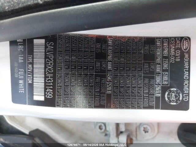 SALVP2RX2JH311499 Land Rover Range Rover Evoque Se