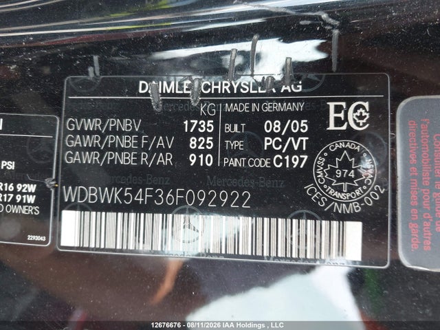 Продаж на аукціоні авто 2006 Mercedes-benz Slk 280, vin: WDBWK54F36F092922, номер лоту: 12676676