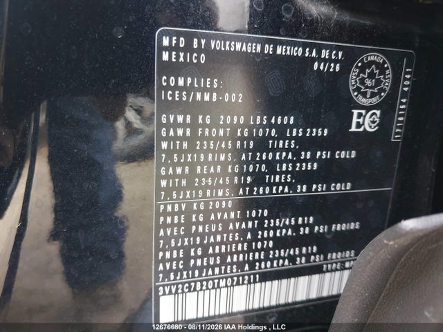 12676680 :رقم المزاد ، 3VV2C7B20TM071211 vin ، 2026 Volkswagen Taos Se Black مزاد بيع