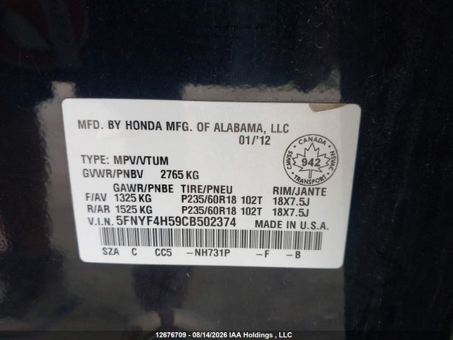 Aukcja sprzedaży 2012 Honda Pilot Exl, vin: 5FNYF4H59CB502374, numer aukcji: 12676709