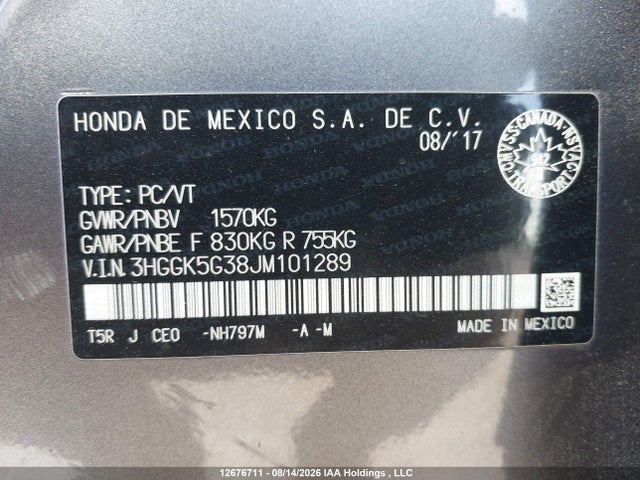 2018 Honda Fit Dx მანქანა იყიდება აუქციონზე, vin: 3HGGK5G38JM101289, აუქციონის ნომერი: 12676711