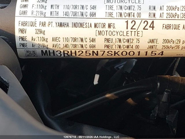 2025 Yamaha Yzfr3 მანქანა იყიდება აუქციონზე, vin: MH3RH25N7SK001154, აუქციონის ნომერი: 12676718