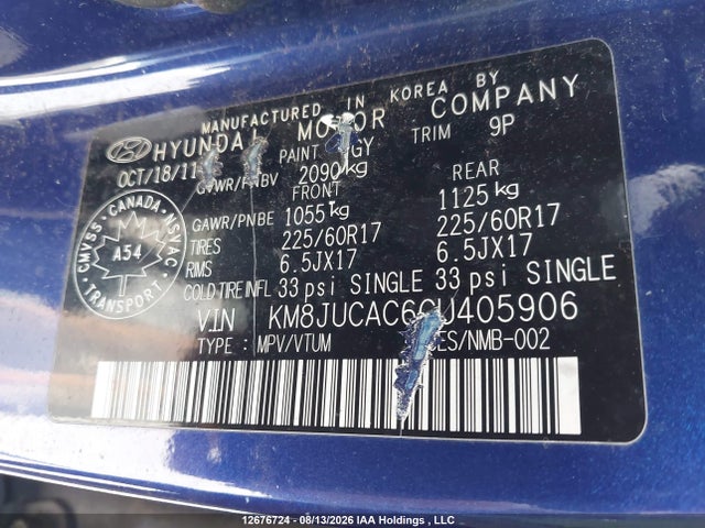 2012 Hyundai Tucson მანქანა იყიდება აუქციონზე, vin: KM8JUCAC6CU405906, აუქციონის ნომერი: 12676724