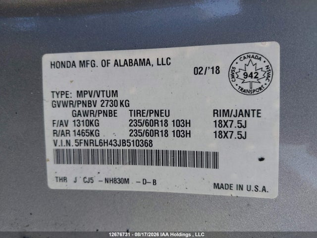 Honda ODYSSEY EX 2018 5FNRL6H43JB510368 Image 9