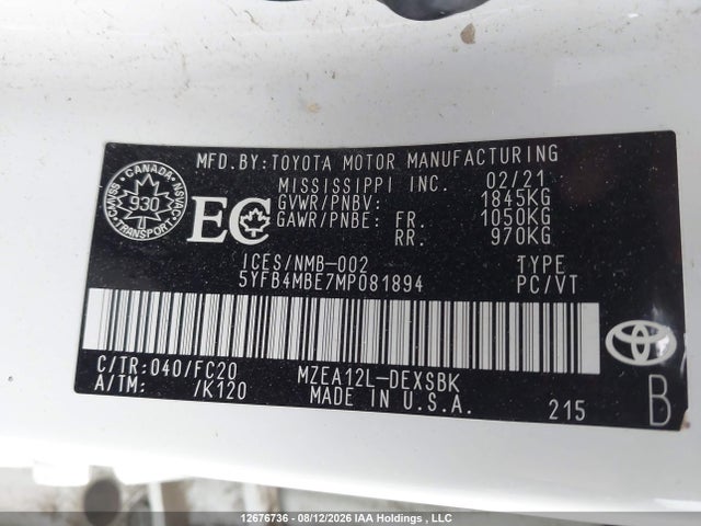 Aukcja sprzedaży 2021 Toyota Corolla Se, vin: 5YFB4MBE7MP081894, numer aukcji: 12676736