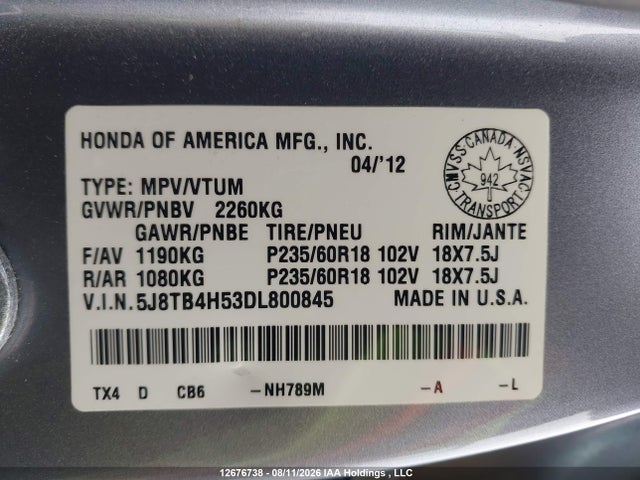 Aukcja sprzedaży 2013 Acura Rdx Technology, vin: 5J8TB4H53DL800845, numer aukcji: 12676738