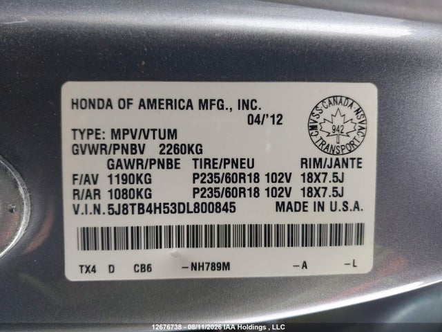 Aukcja sprzedaży 2013 Acura Rdx Technology, vin: 5J8TB4H53DL800845, numer aukcji: 12676738