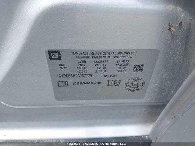 Auction sale of the 2012 Chevrolet Cruze Ls, vin: 1G1PC5SH9C7377291, lot number: 12663605
