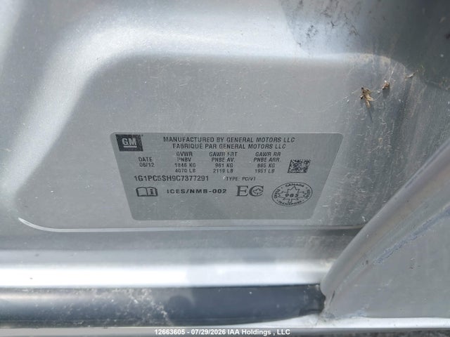 2012 Chevrolet Cruze Ls მანქანა იყიდება აუქციონზე, vin: 1G1PC5SH9C7377291, აუქციონის ნომერი: 12663605