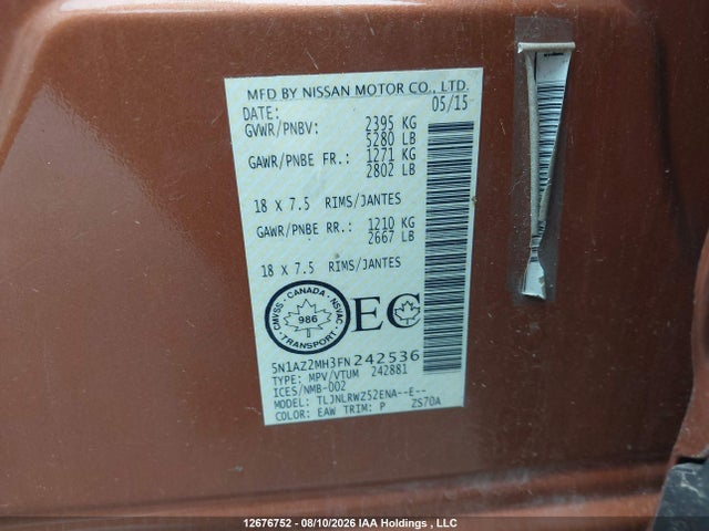 Nissan Murano S/sl/sv/platinum 2015 5N1AZ2MH3FN242536 Image 18