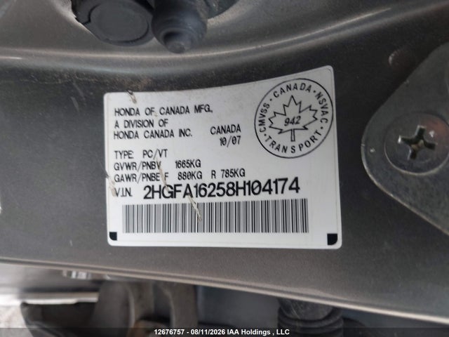 Продаж на аукціоні авто 2008 Honda Civic Dx, vin: 2HGFA16258H104174, номер лоту: 12676757