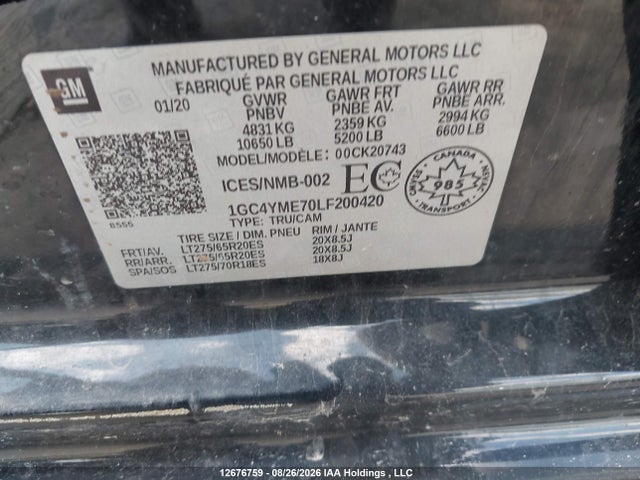 1GC4YME70LF200420 Chevrolet Silverado 2500 Hd