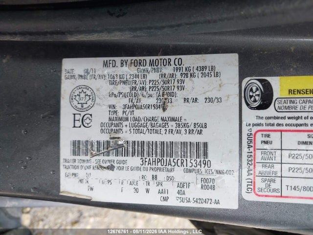 2012 Ford Fusion Sel მანქანა იყიდება აუქციონზე, vin: 3FAHP0JA5CR153490, აუქციონის ნომერი: 12676761