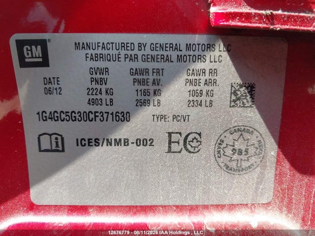 12676779 :رقم المزاد ، 1G4GC5G30CF371630 vin ، 2012 Buick Lacrosse مزاد بيع