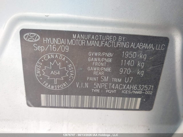 12676787 :رقم المزاد ، 5NPET4ACXAH632571 vin ، 2010 Hyundai Sonata Gls مزاد بيع