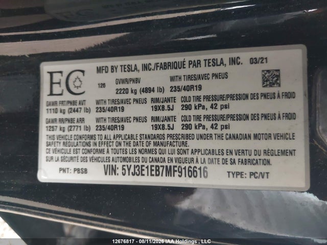 Tesla Model 3 Long Range 2021 5YJ3E1EB7MF916616 Image 17