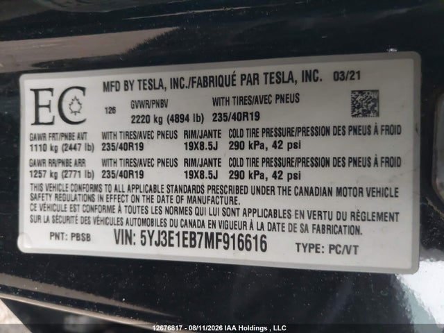 Tesla Model 3 Long Range 2021 5YJ3E1EB7MF916616 Image 9