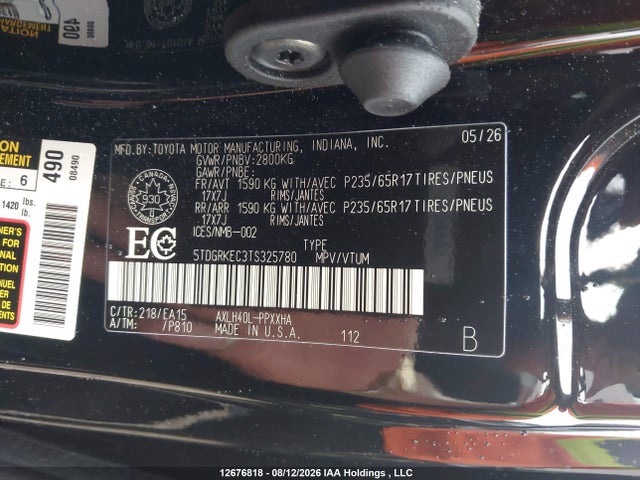 Aukcja sprzedaży 2026 Toyota Sienna, vin: 5TDGRKEC3TS325780, numer aukcji: 12676818