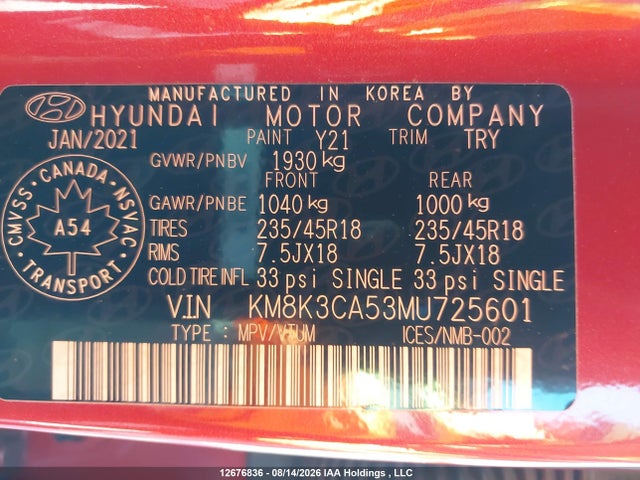 Aukcja sprzedaży 2021 Hyundai Kona Trend Awd With Two-tone Roof, vin: KM8K3CA53MU725601, numer aukcji: 12676836