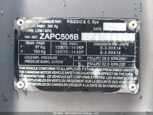 2023 Piaggio Typhoon მანქანა იყიდება აუქციონზე, vin: ZAPC506B5P4004604, აუქციონის ნომერი: 12676853
