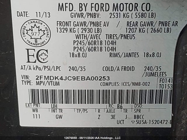 2014 Ford Edge Sel მანქანა იყიდება აუქციონზე, vin: 2FMDK4JC9EBA00253, აუქციონის ნომერი: 12676858