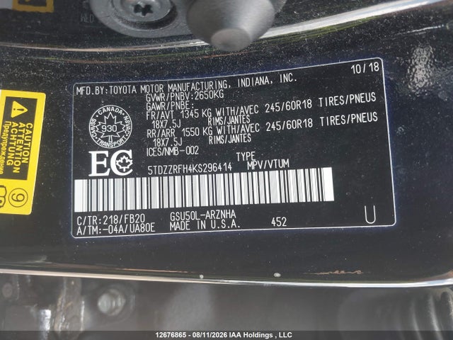 5TDZZRFH4KS296414 Toyota Highlander Le/le Plus