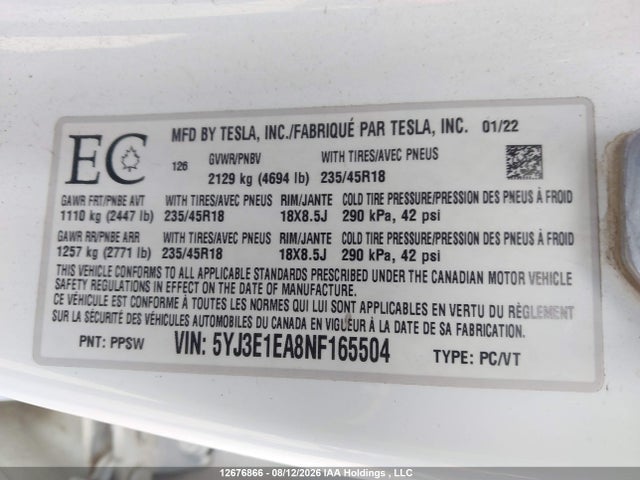 Tesla Model 3 Rwd/standard Range 2022 5YJ3E1EA8NF165504 Image 9