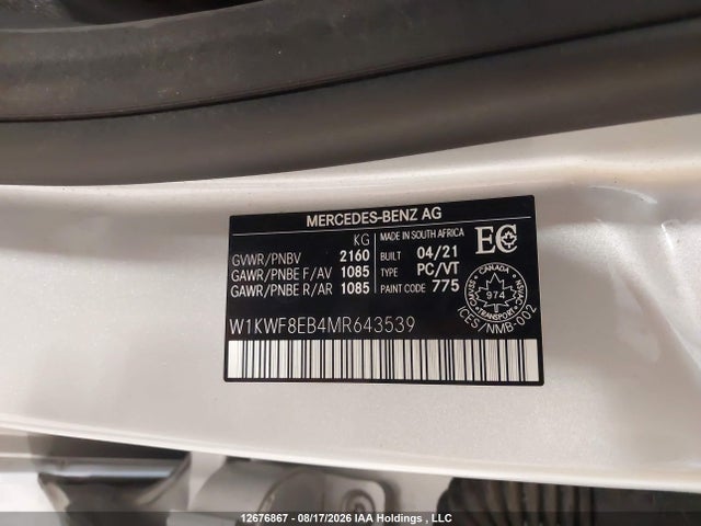 Продаж на аукціоні авто 2021 Mercedes-benz C 300 4matic, vin: W1KWF8EB4MR643539, номер лоту: 12676867