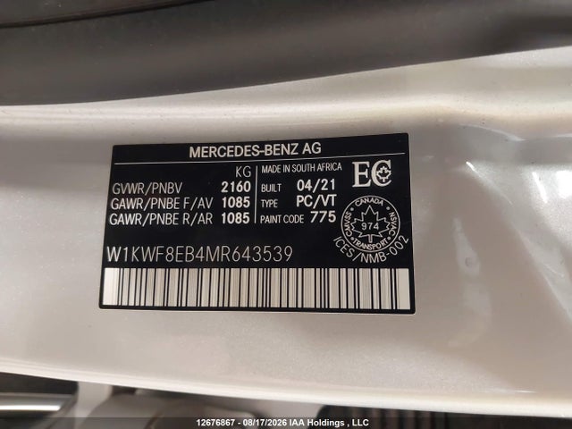 Продаж на аукціоні авто 2021 Mercedes-benz C 300 4matic, vin: W1KWF8EB4MR643539, номер лоту: 12676867