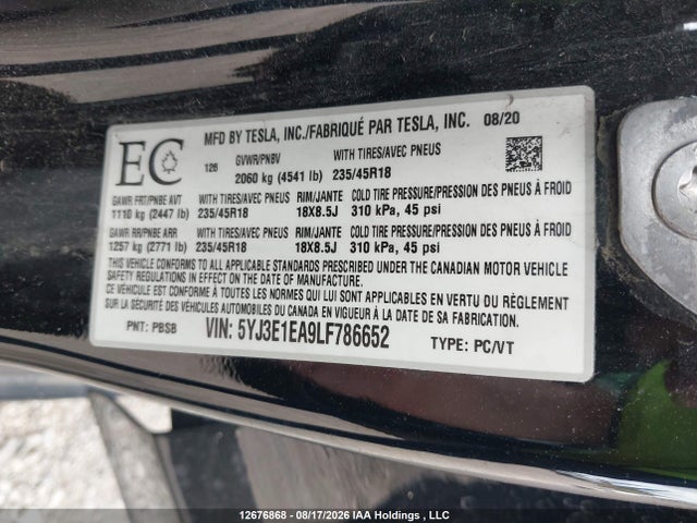 Tesla Model 3 Standard Range Plus 2020 5YJ3E1EA9LF786652 Image 18