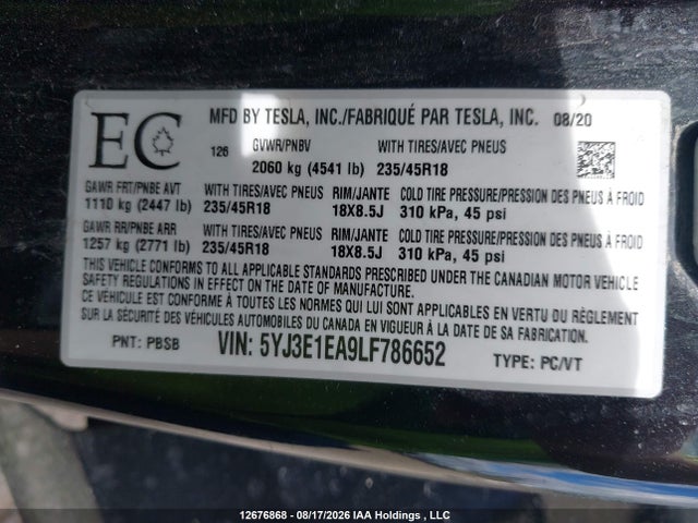 Tesla Model 3 Standard Range Plus 2020 5YJ3E1EA9LF786652 Image 9