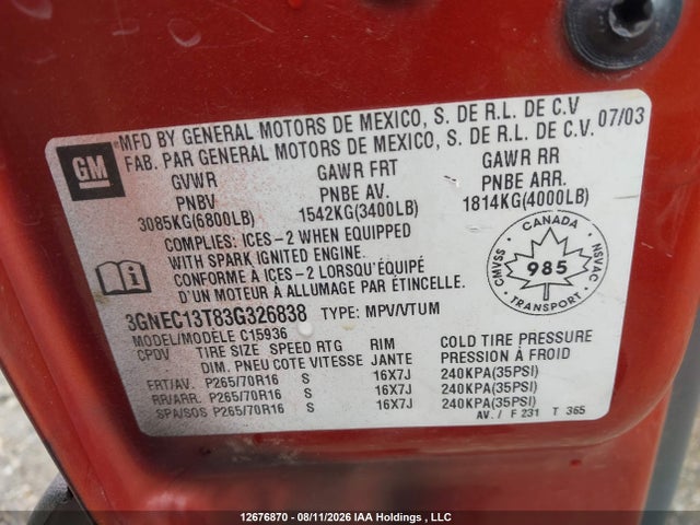 Продаж на аукціоні авто 2003 Chevrolet Avalanche C1500, vin: 3GNEC13T83G326838, номер лоту: 12676870