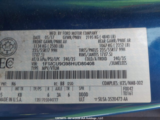 Ford ESCAPE SE 2017 1FMCU9G98HUD80408 Image 9