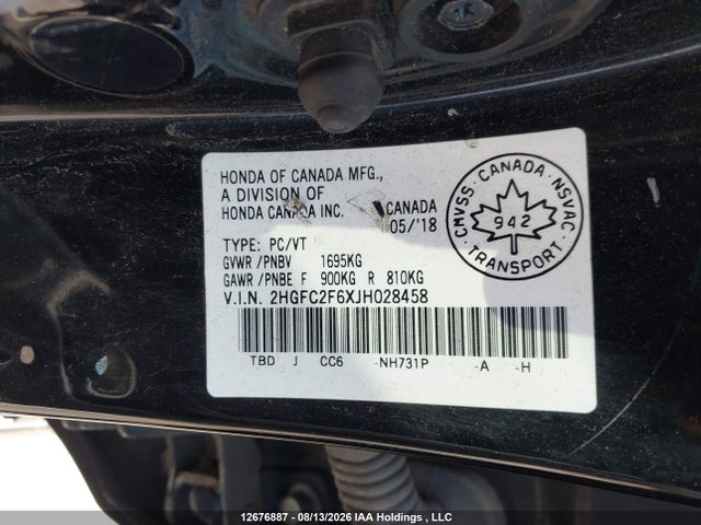 Honda CIVIC SE 2018 2HGFC2F6XJH028458 Image 19