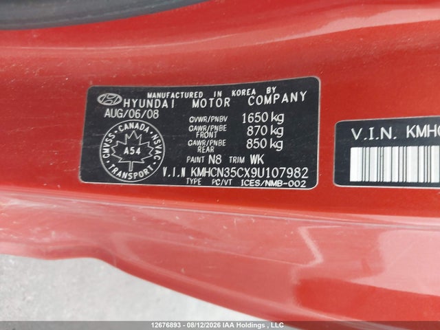 2009 Hyundai Accent Gl/gl Sport/l მანქანა იყიდება აუქციონზე, vin: KMHCN35CX9U107982, აუქციონის ნომერი: 12676893